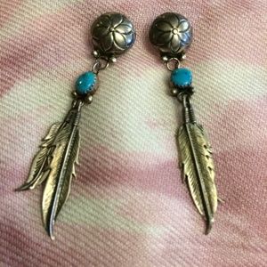 silver turquoise native american feather earrings